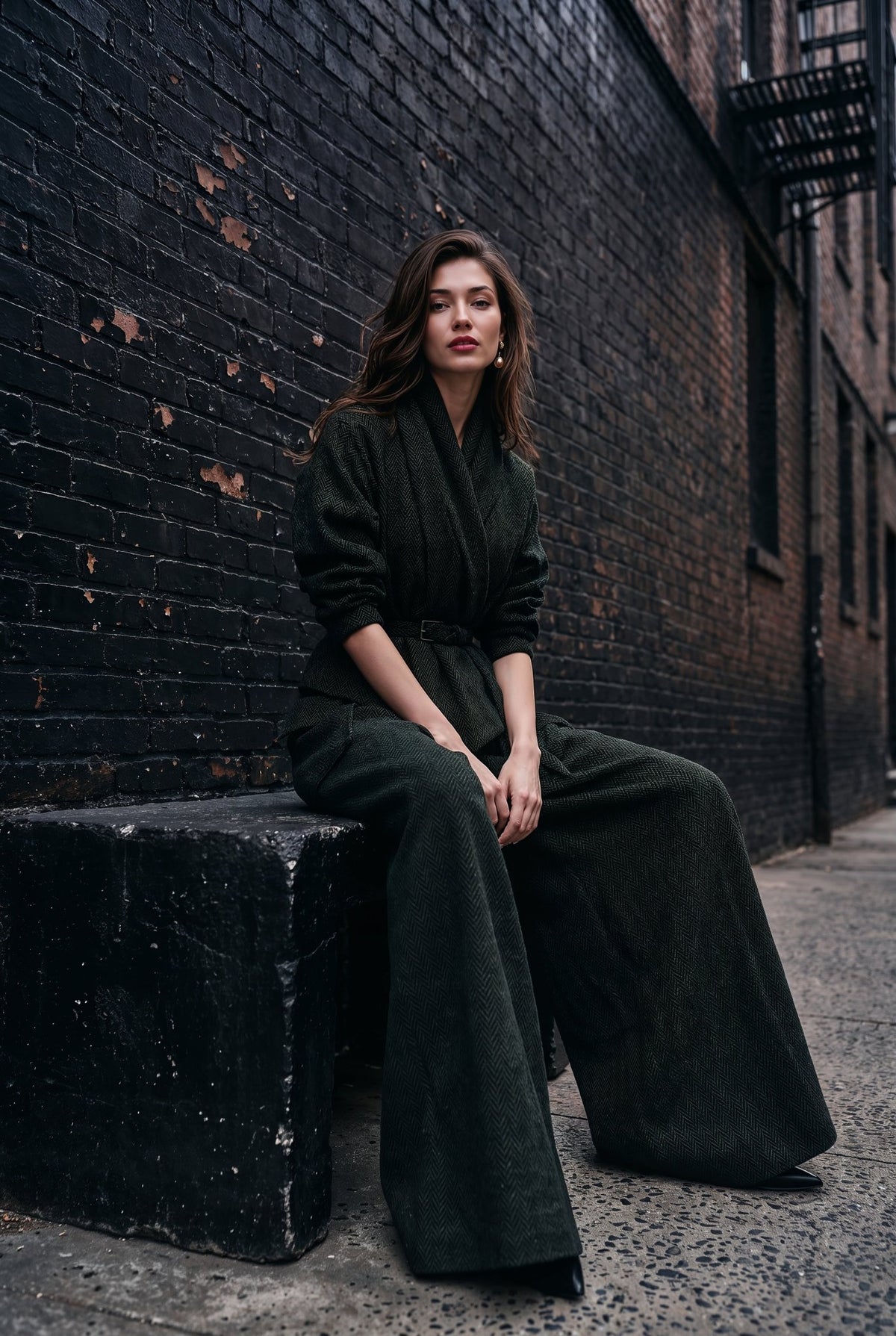 Vienna forest-green jacket with draped shawl collar and buckle belt