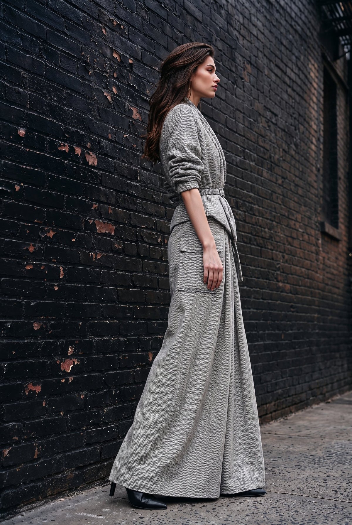 A woman stands in profile against a dark brick wall wearing a light gray wrap-style long-sleeve top and matching wide-leg trousers with a tie belt.