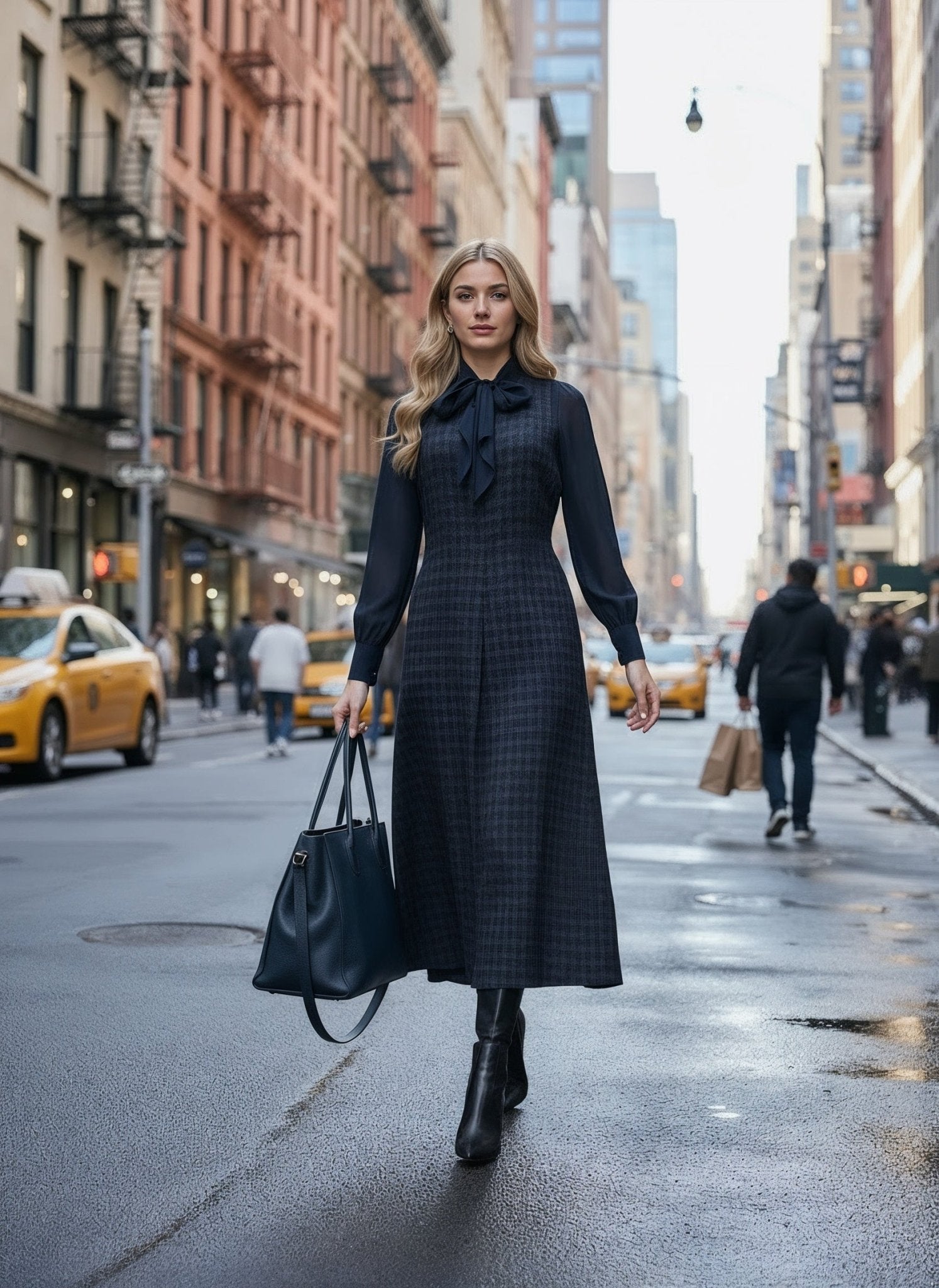 Anastasia Wool Sarafan Dress with Chiffon Crepe Tie - Neck Blouse – Elegant Two - Piece Set - SIMOVSKA