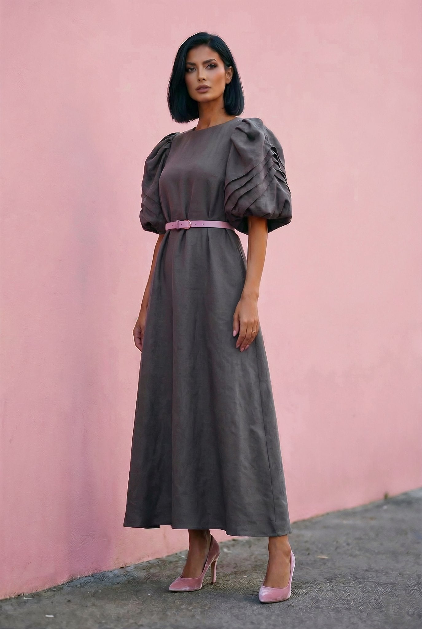 fitted lace wedding dress Charcoal Floral Print Modest Maxi Dress with Flared Sleeves – FineLook main image 0