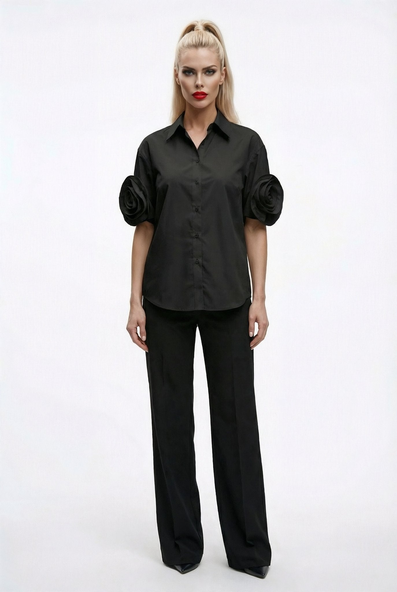 Camilla shirt : statement rose - sleeve shirt in black - SIMOVSKA
