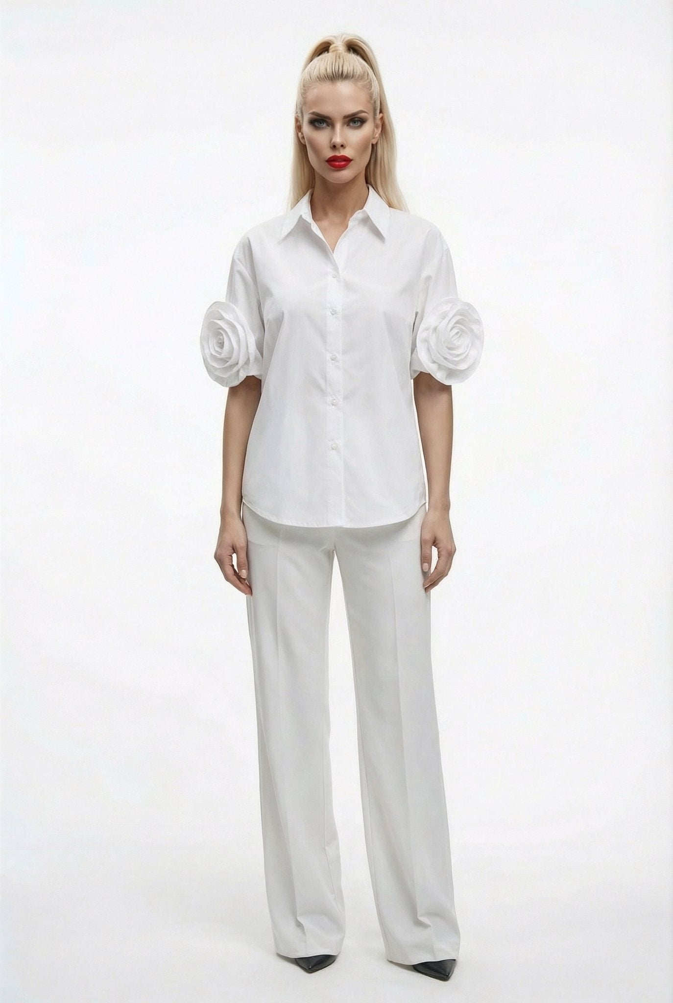 Camilla shirt : statement rose - sleeve shirt in white - SIMOVSKA