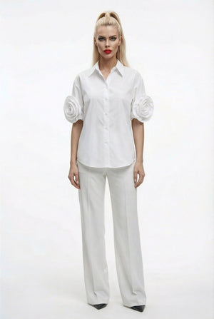 Camilla shirt : statement rose - sleeve shirt in white - SIMOVSKA