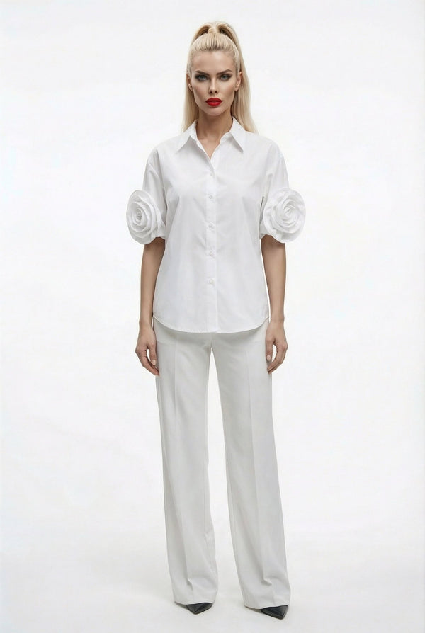 Camilla shirt : statement rose - sleeve shirt in white - SIMOVSKA