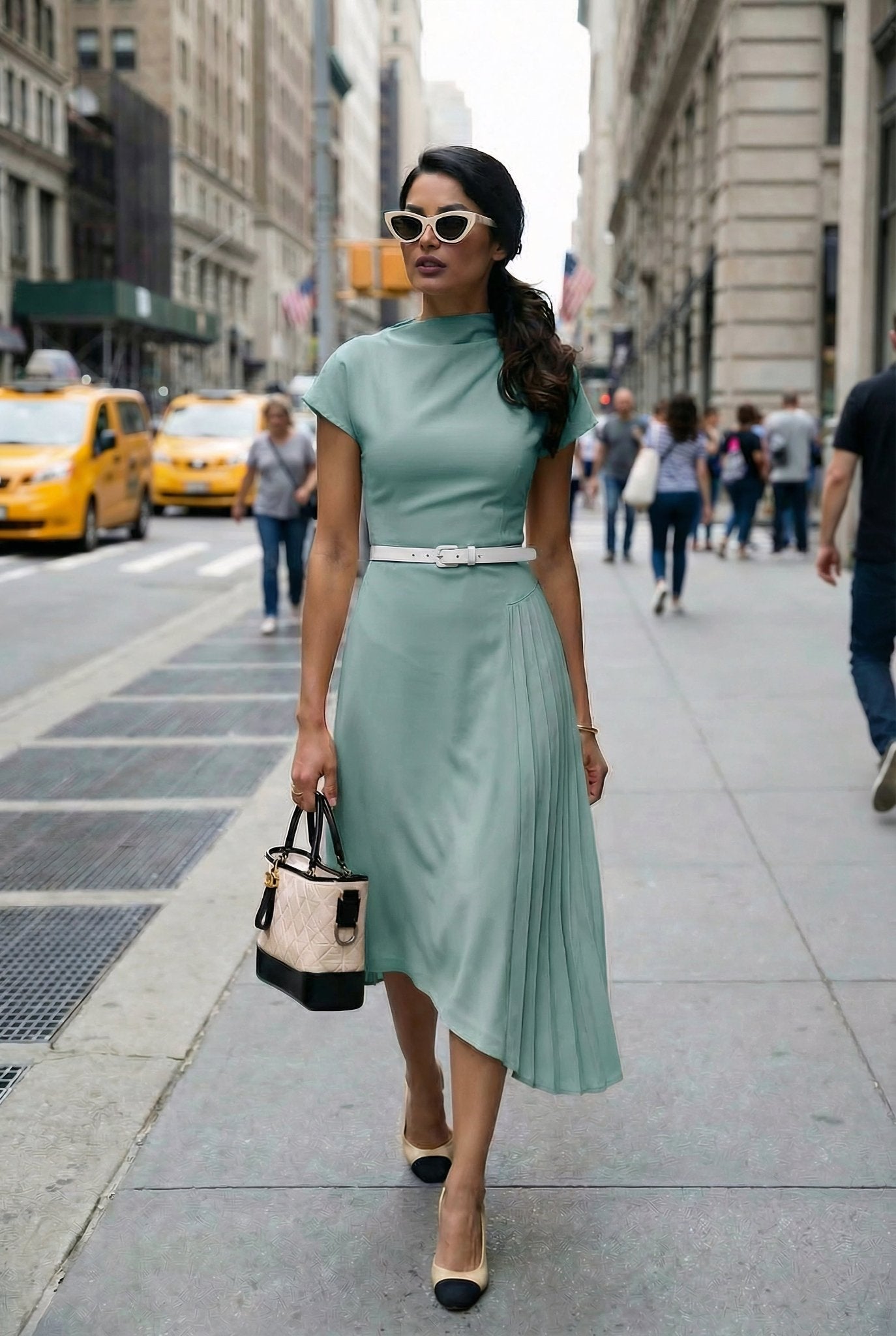 Carmen Dress: Crepe Viscose Asymmetric Pleated Dress in Acqua green SIMOVSKA Carmen Dress: Crepe Viscose Asymmetric Pleated Dress in Acqua green SIMOVSKA