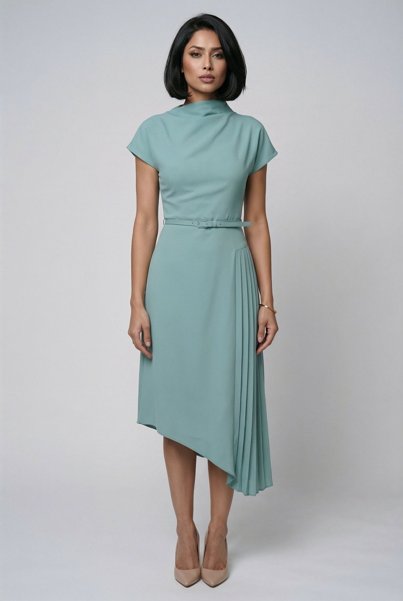 Carmen Dress: Crepe Viscose Asymmetric Pleated Dress in Acqua green - SIMOVSKA