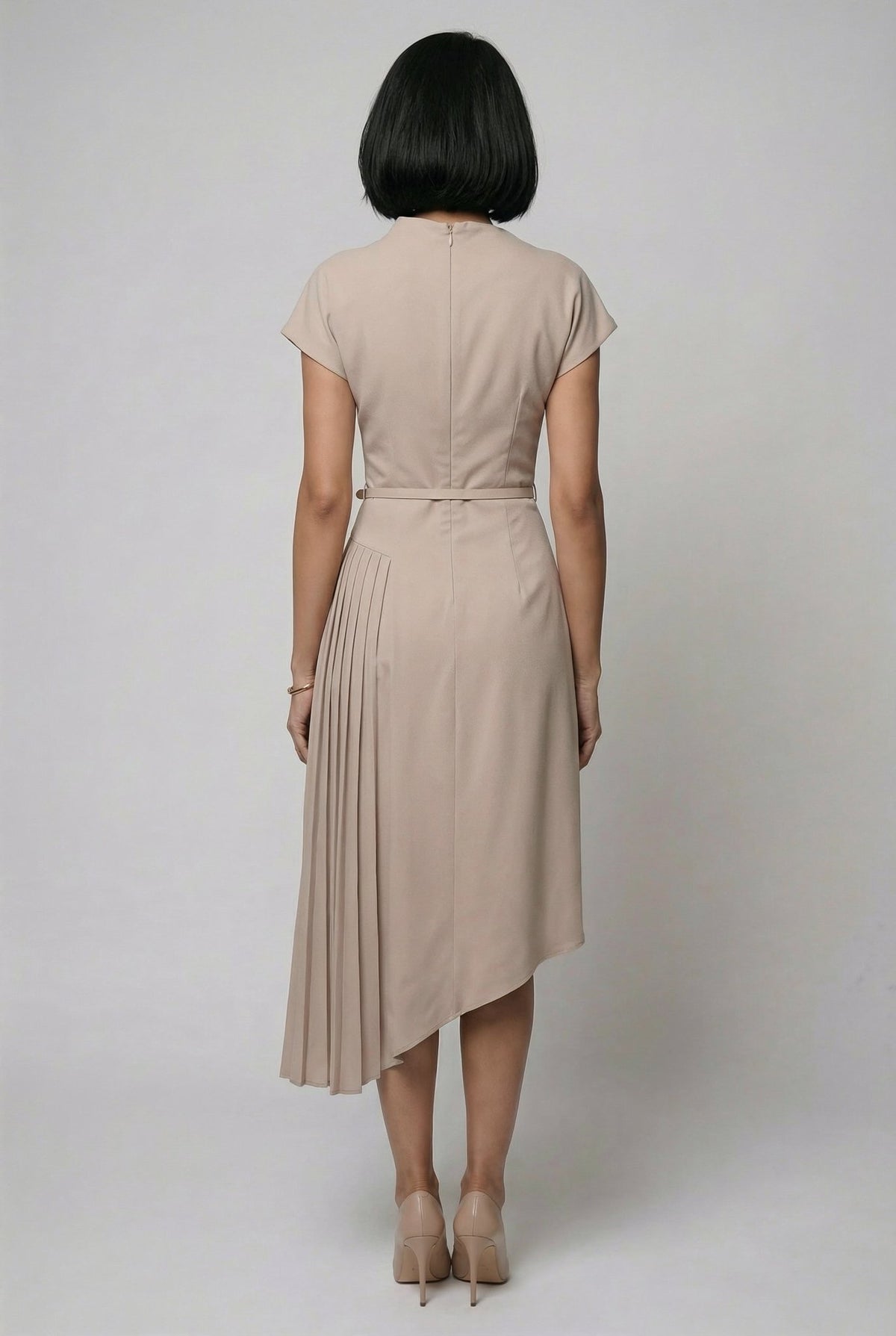 Carmen Dress: Crepe Viscose Asymmetric Pleated dress in Light Taupe - SIMOVSKA