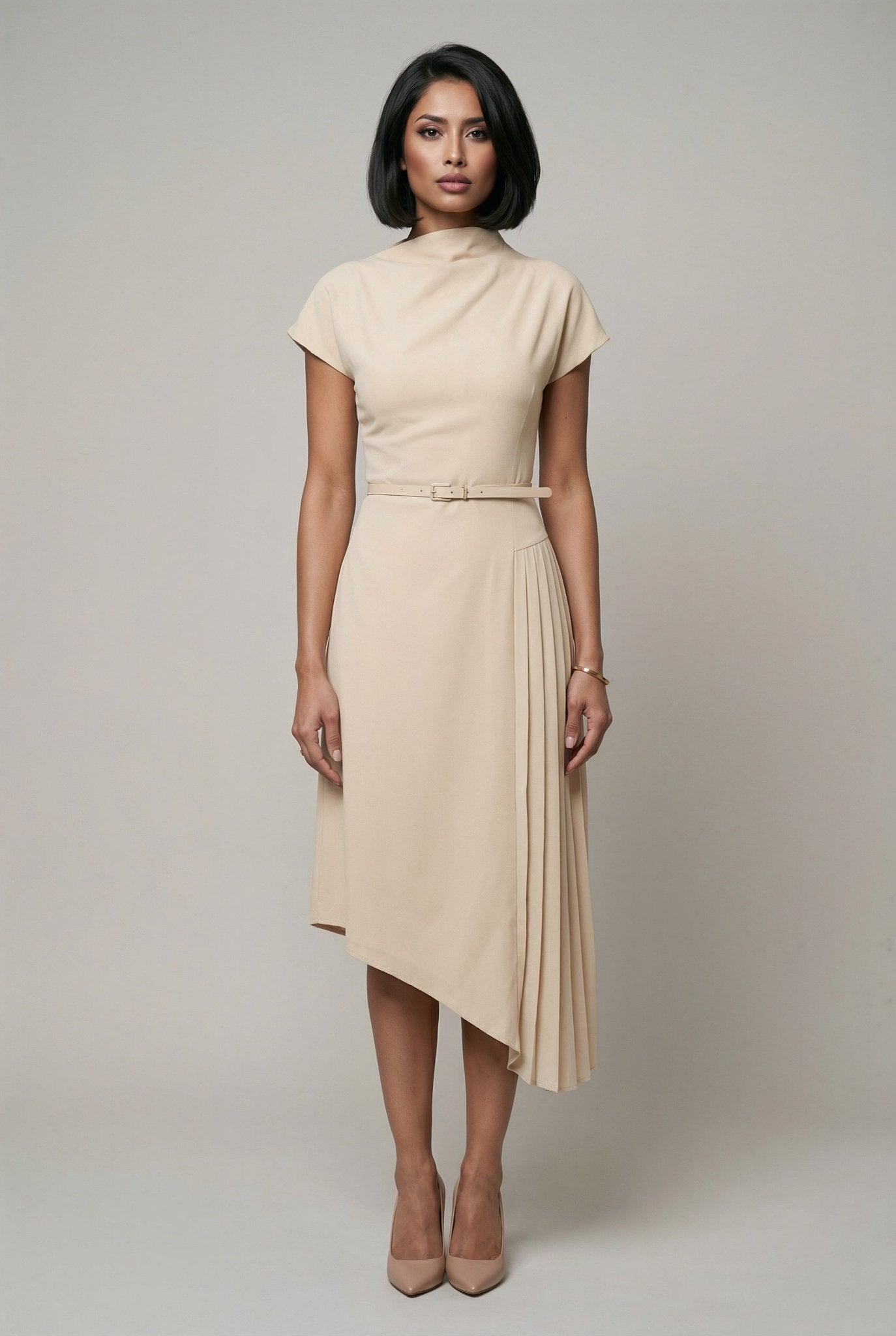 Carmen Dress: Viscose Asymmetric Pleated Dress in off White - SIMOVSKA