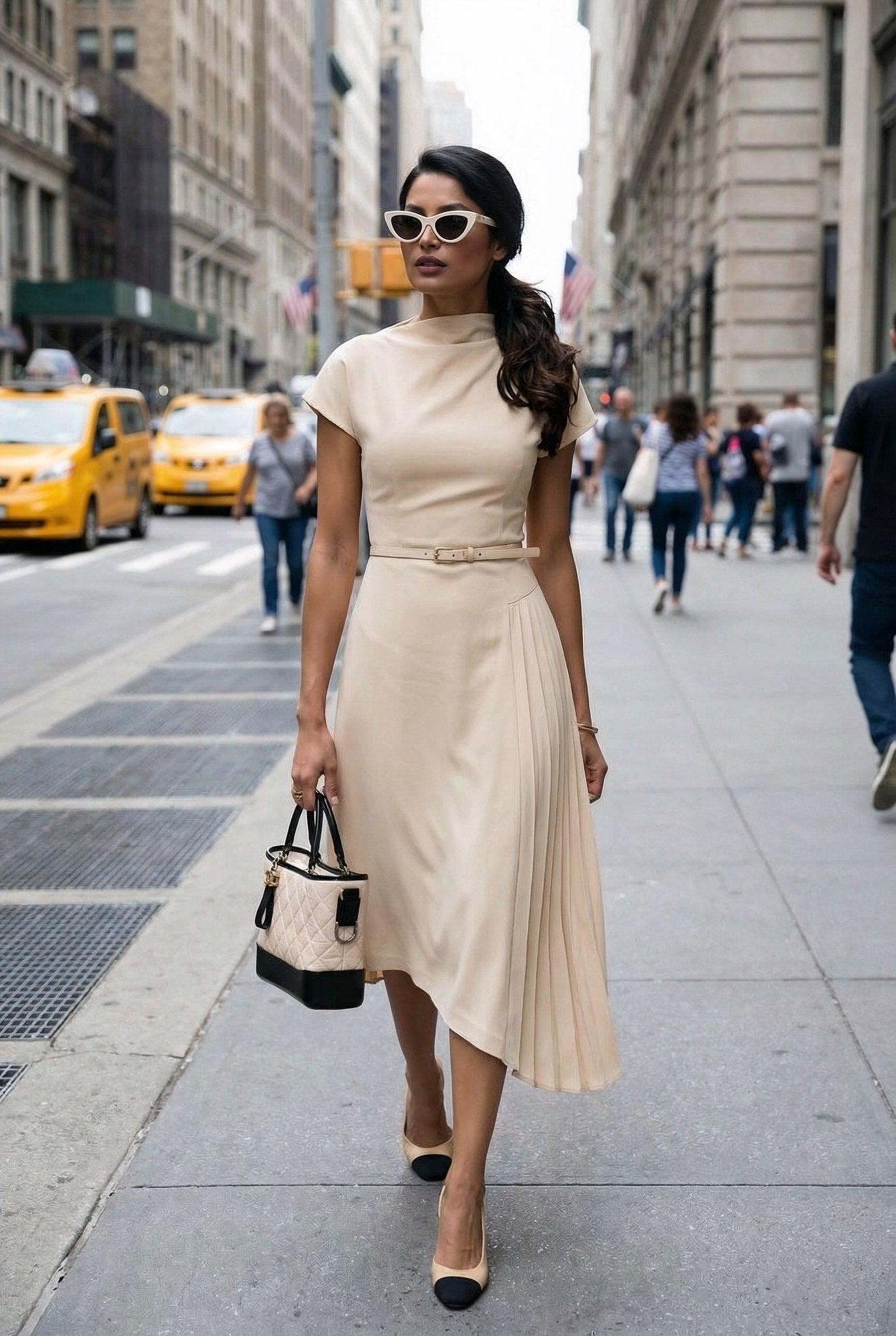 Carmen Dress: Viscose Asymmetric Pleated Dress in off White - SIMOVSKA