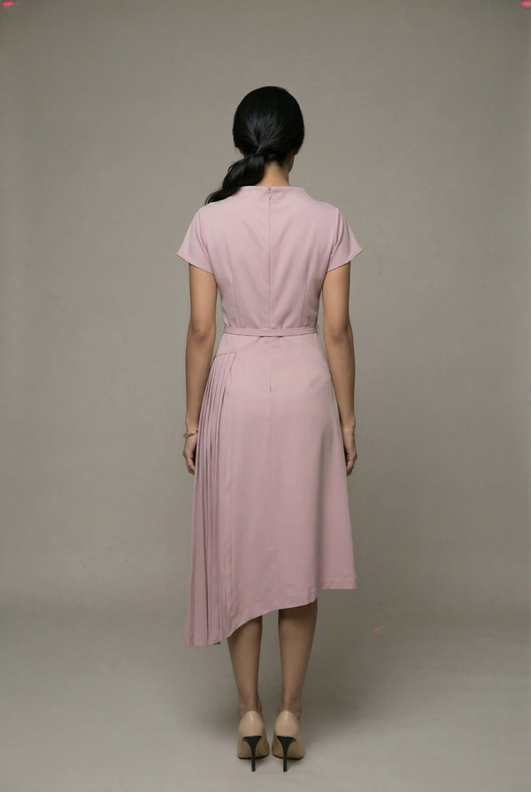 Carmen Dress: Viscose Asymmetric Pleated Dress in Vintage Pink - SIMOVSKA