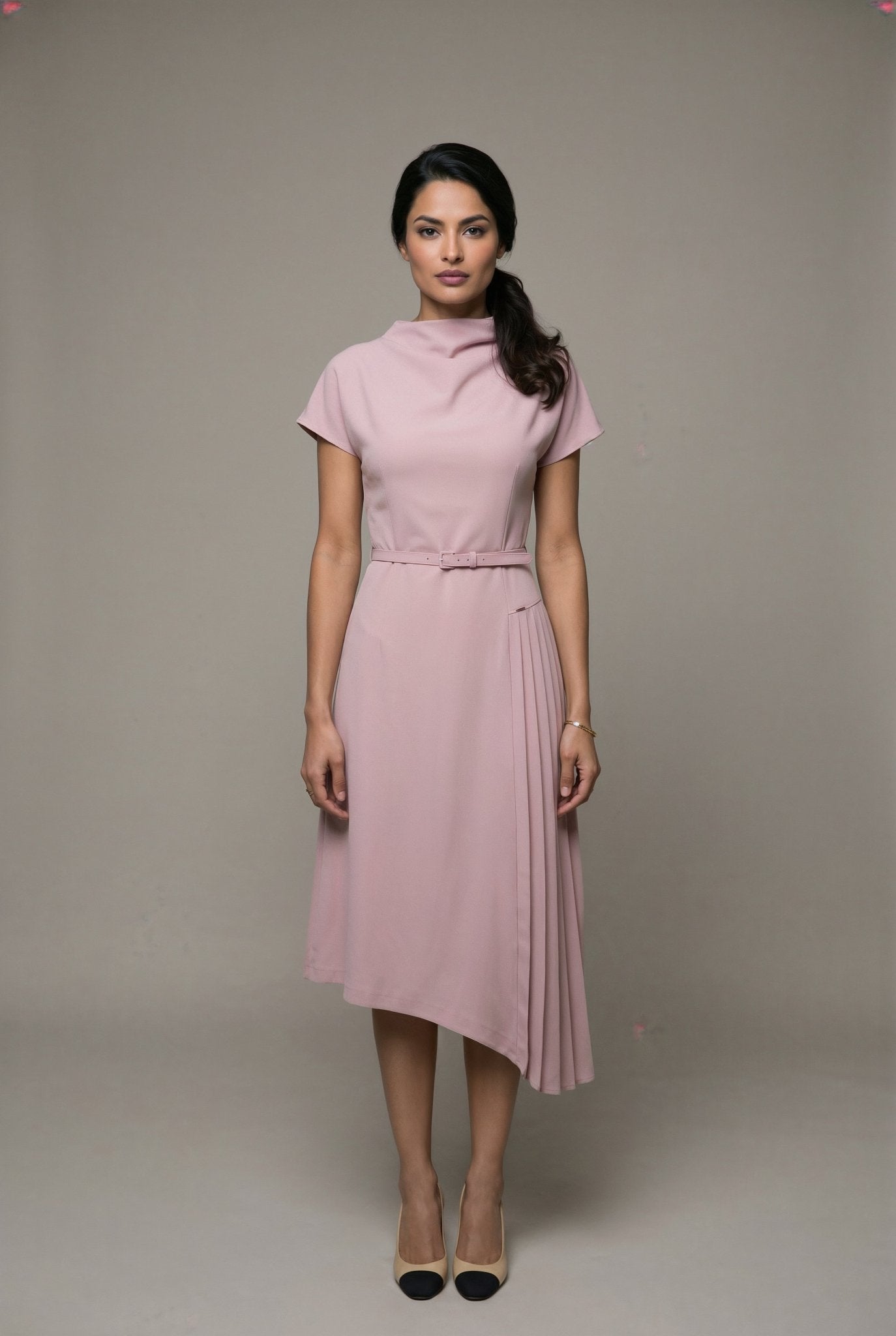 Carmen Dress: Viscose Asymmetric Pleated Dress in Vintage Pink - SIMOVSKA