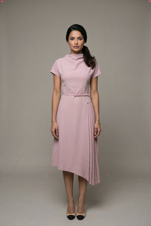 Carmen Dress: Viscose Asymmetric Pleated Dress in Vintage Pink - SIMOVSKA