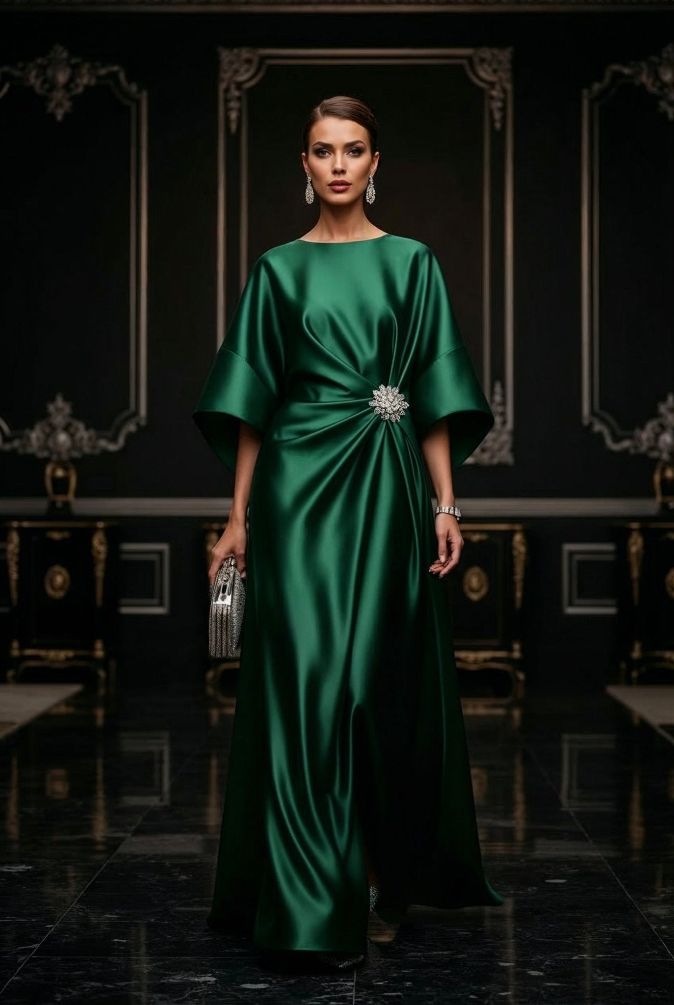 green emerald velvet dress Dama Dress Emerald – Satin Enchantress with Crystal Grace – SIMOVSKA