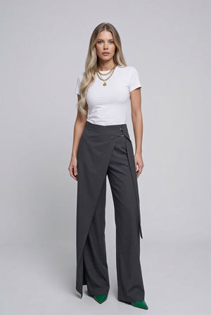 Elara Wrap Pants: lightweight viscose twill wrap - front wide - leg trousers in Charcoal - SIMOVSKA