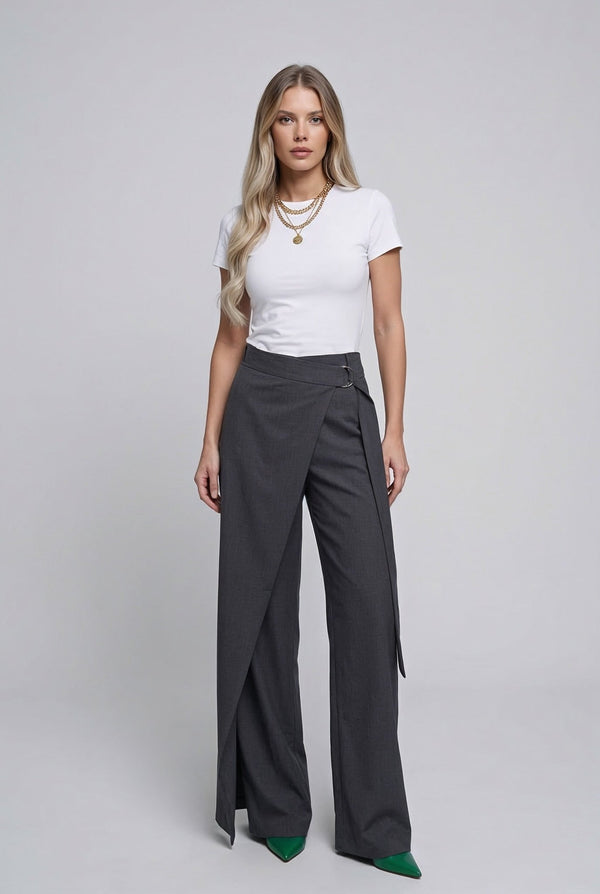 Elara Wrap Pants: lightweight viscose twill wrap - front wide - leg trousers in Charcoal - SIMOVSKA