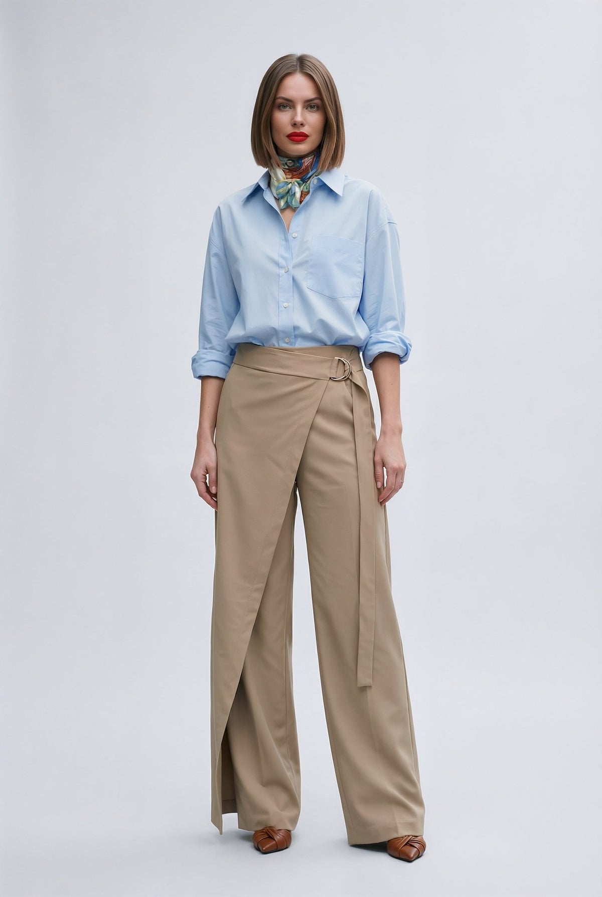 Elara Wrap Pants: lightweight viscose twill wrap - front wide - leg trousers in Macchiato - SIMOVSKA