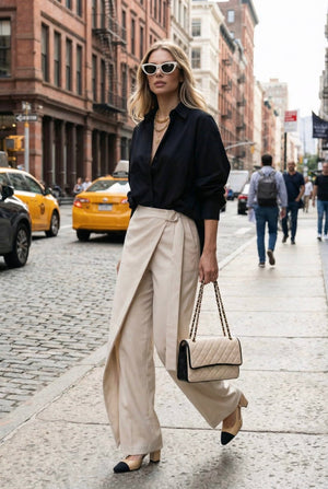Elara Wrap Pants: lightweight viscose twill wrap - front wide - leg trousers in Sand - SIMOVSKA