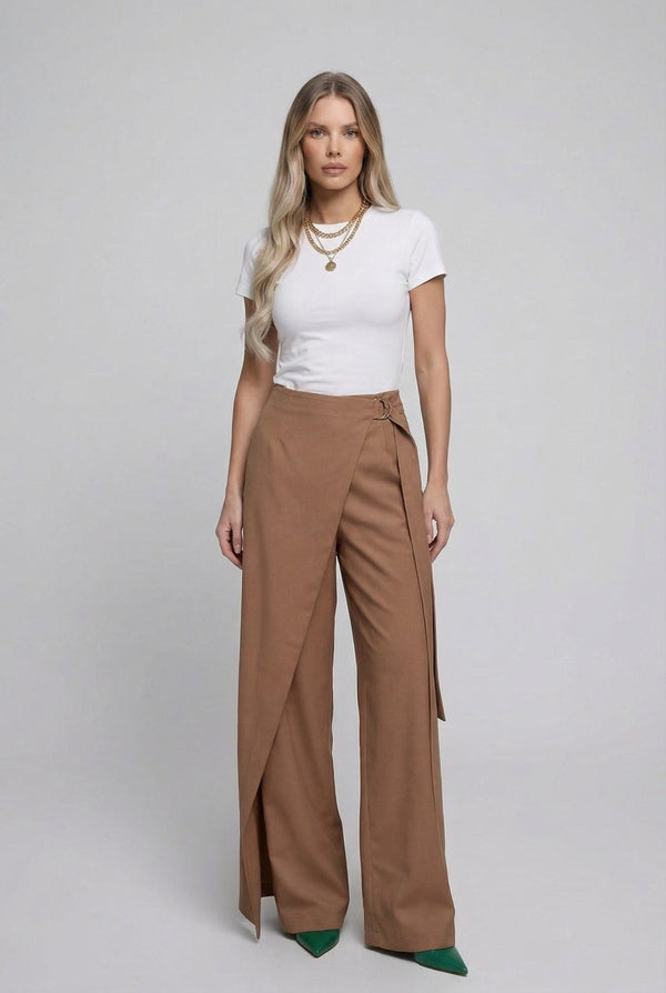 Elara Wrap Pants: lightweight viscose twill wrap - front wide - leg trousers in Tobacco - SIMOVSKA