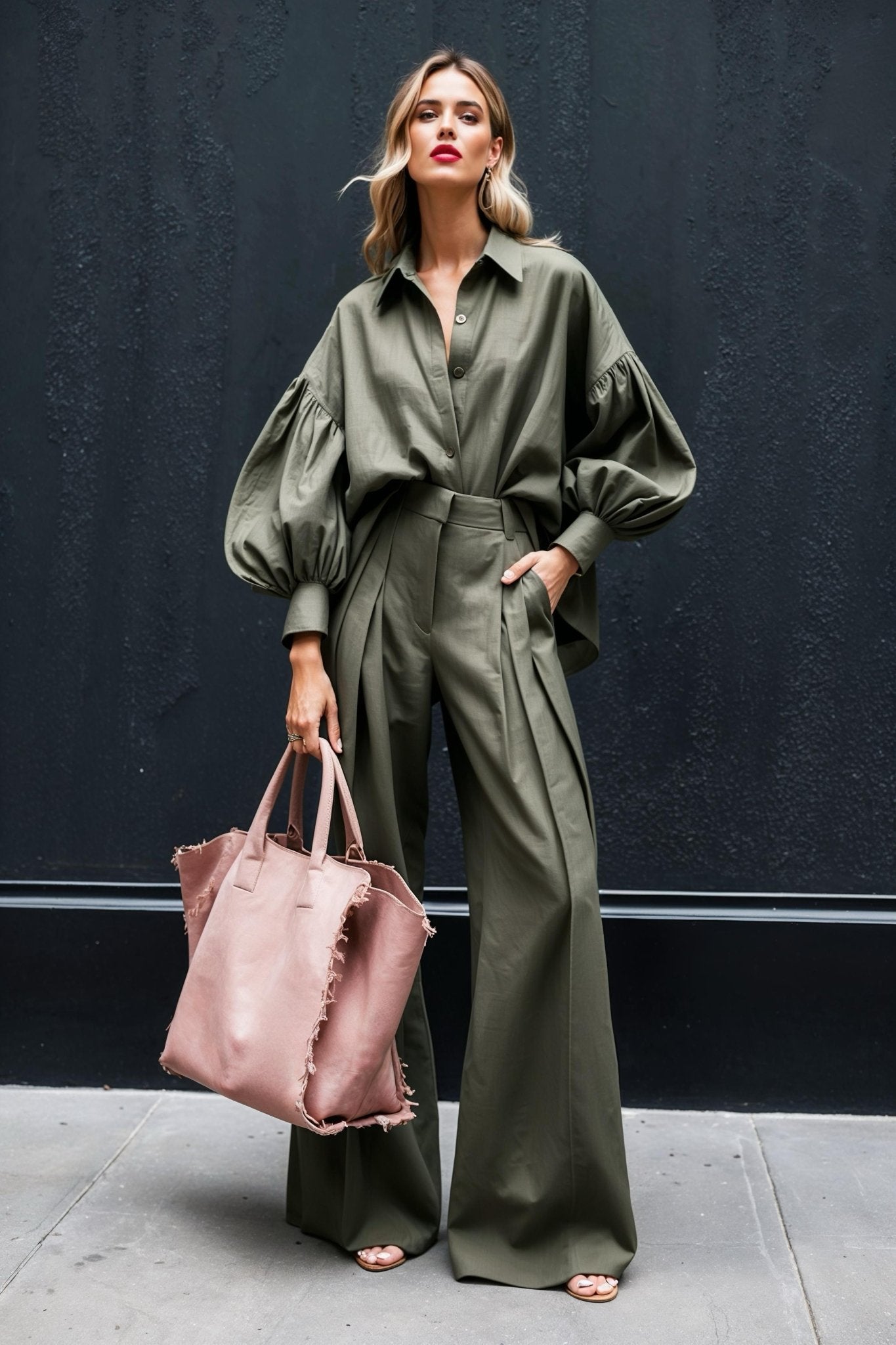 Empire Linen Set in Olive Shadow - SIMOVSKA