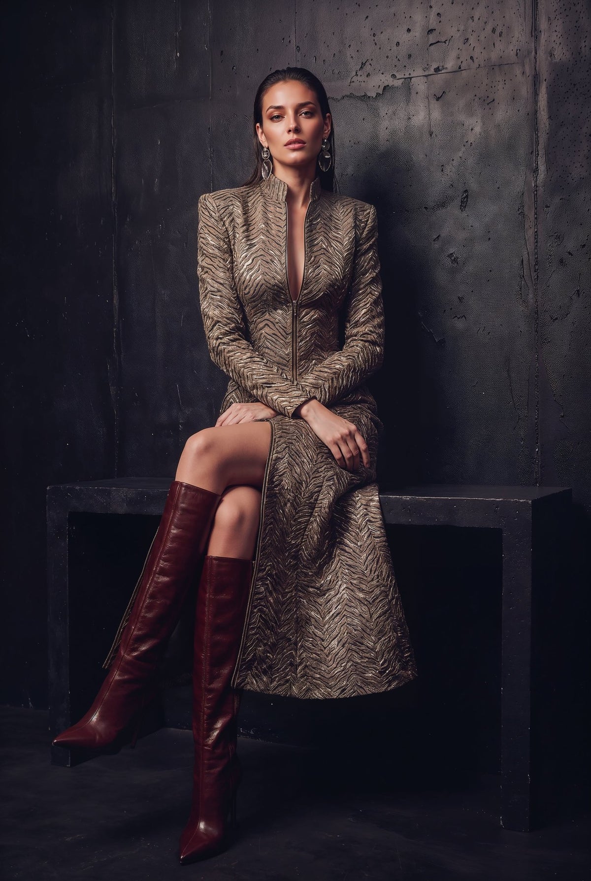 A model sits on a dark bench against a textured dark gray wall, wearing a long-sleeved, structured coat with a brown and beige zebra-like pattern, paired with dark red knee-high leather boots.