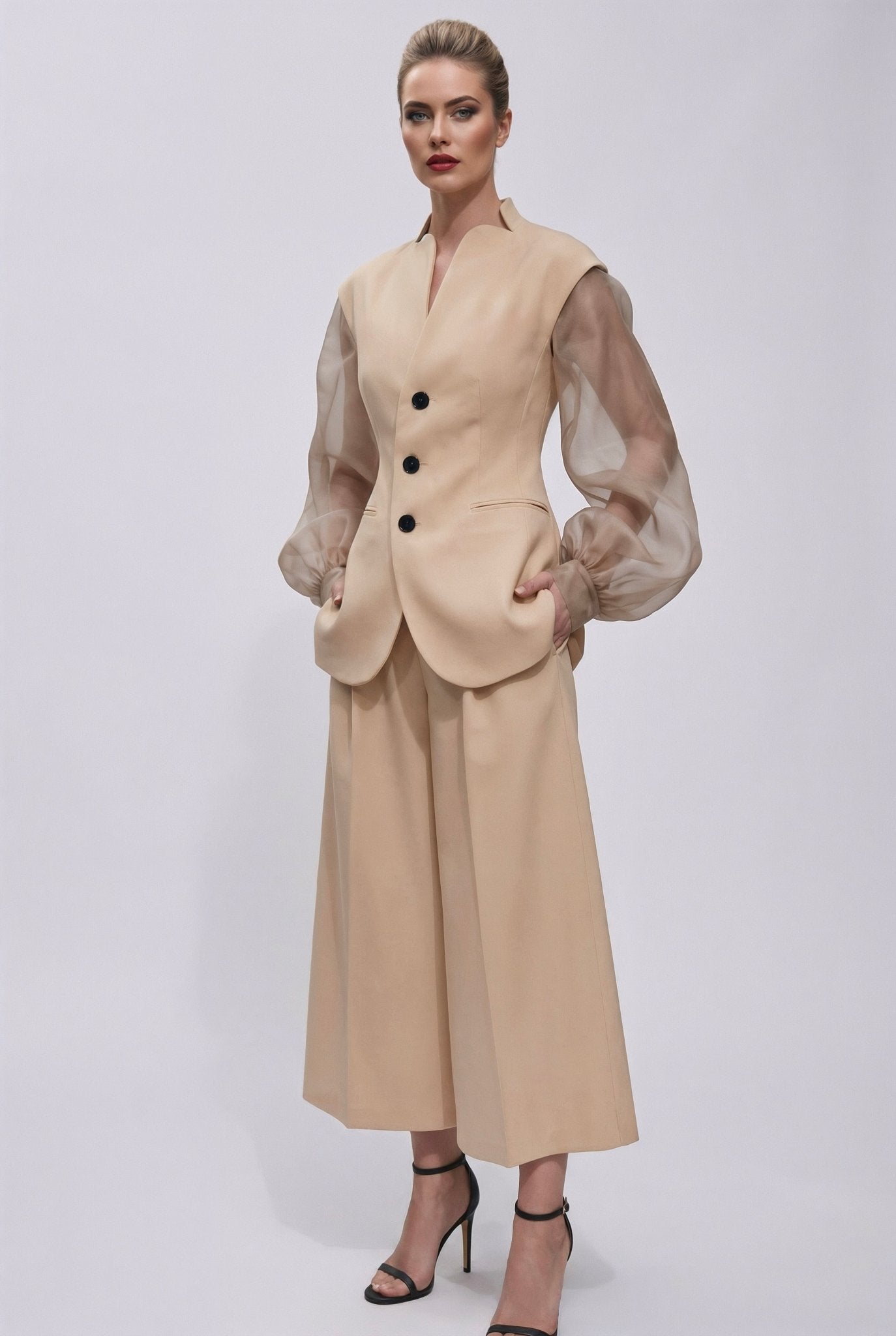 Giulia set : cotton & elastic Punto di Milano set with caped sleeves in beige - SIMOVSKA
