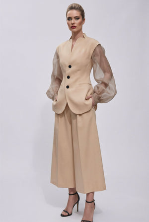 Giulia set : cotton & elastic Punto di Milano set with caped sleeves in beige - SIMOVSKA