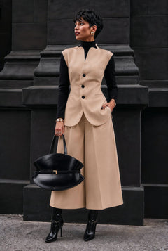 Giulia set : cotton & elastic Punto di Milano set with caped sleeves in beige - SIMOVSKA