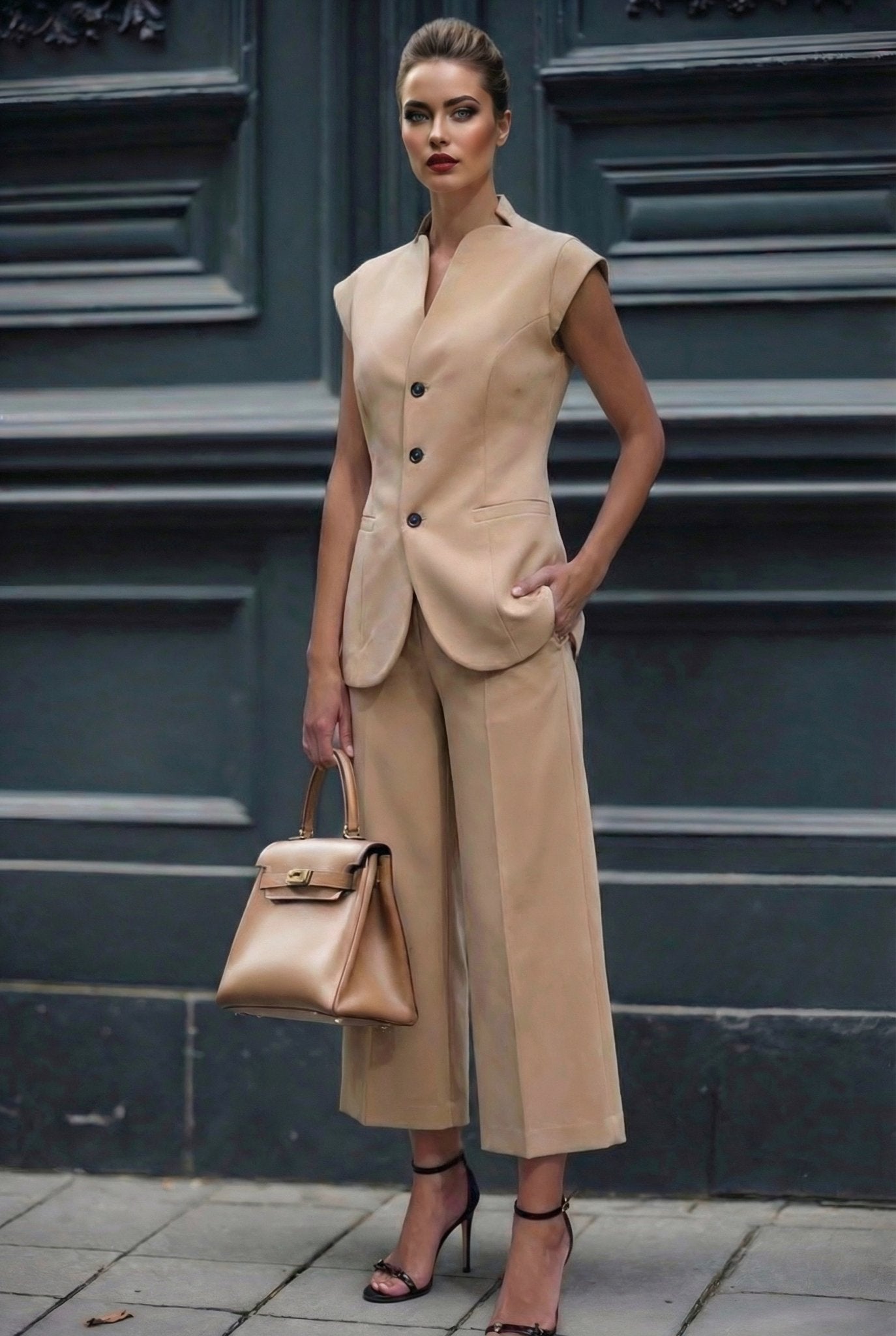Giulia set : cotton & elastic Punto di Milano set with caped sleeves in beige - SIMOVSKA