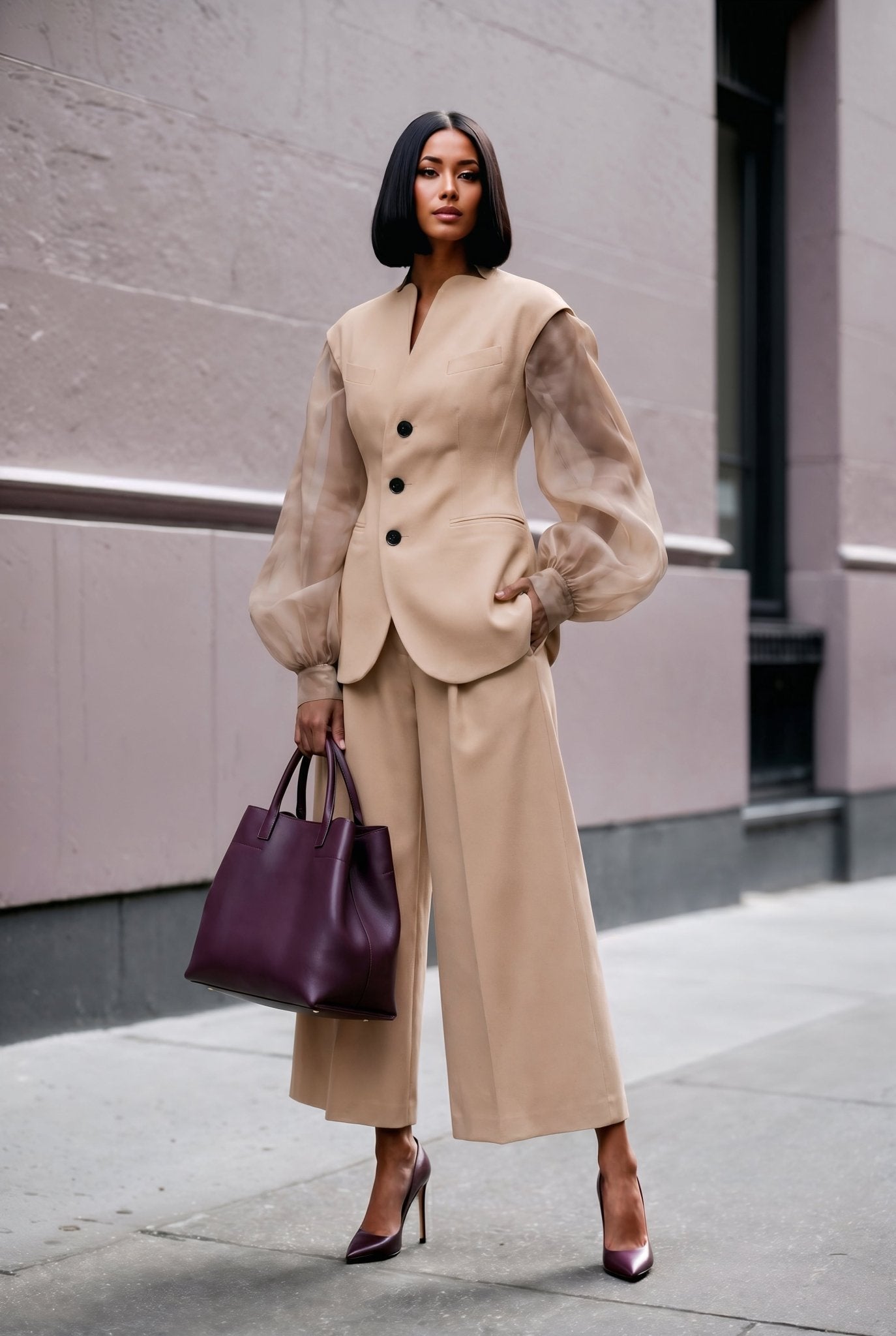 Giulia set : cotton & elastic Punto di Milano set with caped sleeves in beige - SIMOVSKA