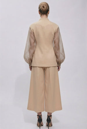 Giulia set : cotton & elastic Punto di Milano set with caped sleeves in beige - SIMOVSKA