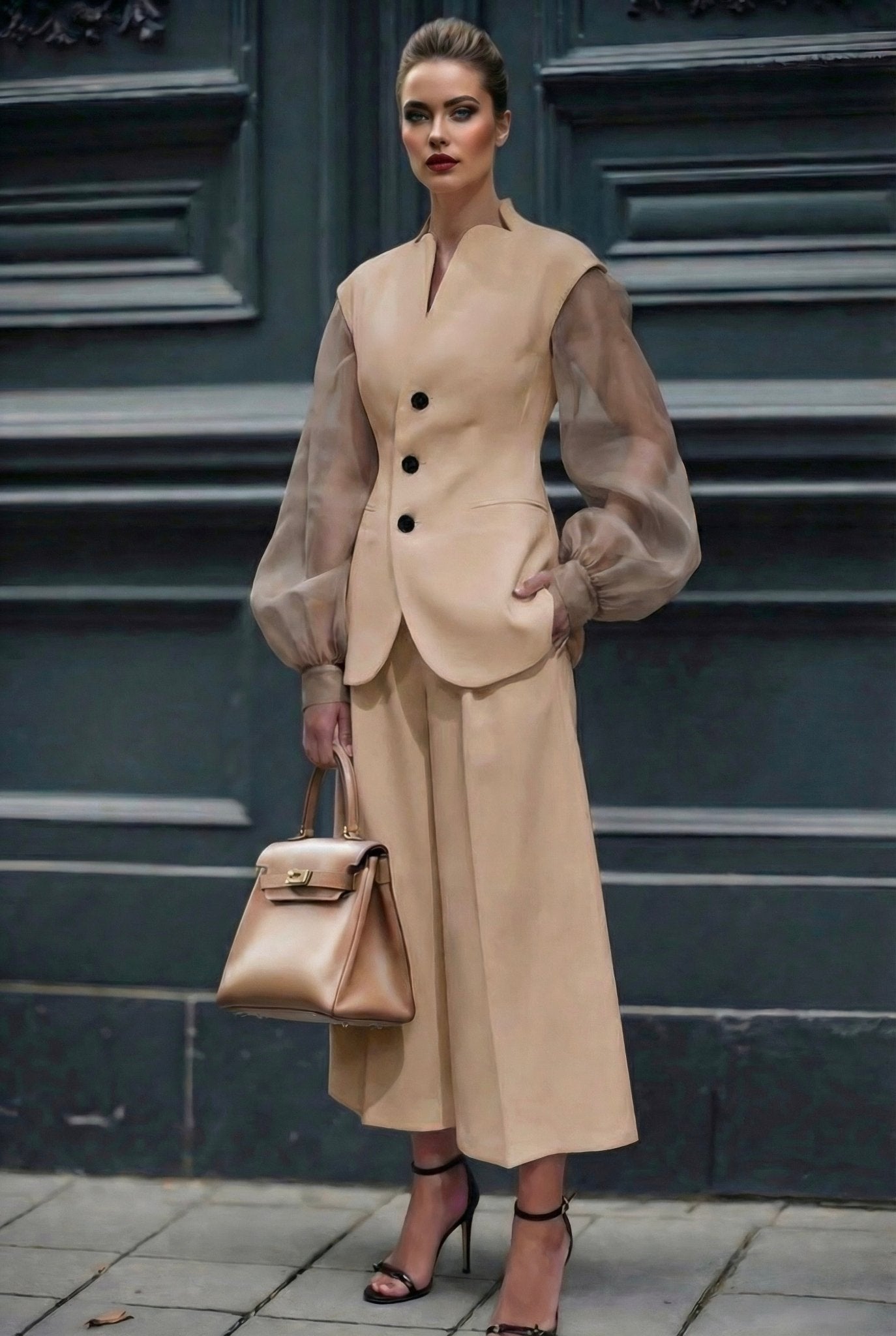 Giulia set : cotton & elastic Punto di Milano set with caped sleeves in beige - SIMOVSKA