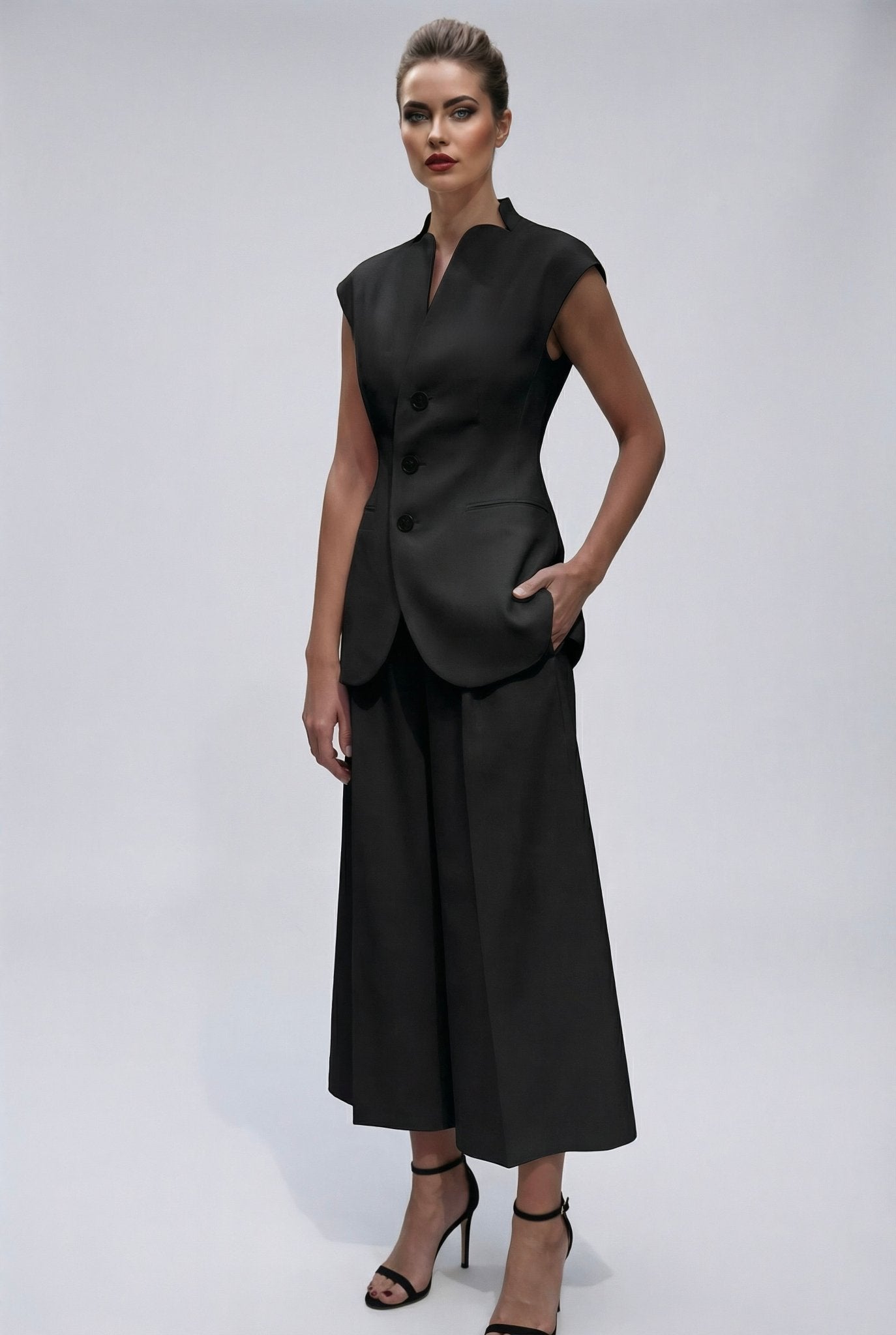 Giulia set : cotton & elastic Punto di Milano set with caped sleeves in black - SIMOVSKA