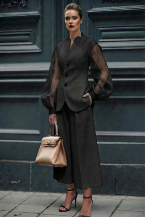 Giulia set : cotton & elastic Punto di Milano set with caped sleeves in black - SIMOVSKA