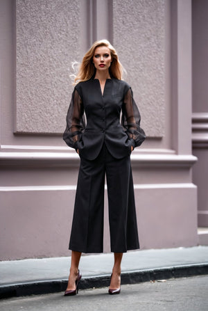 Giulia set : cotton & elastic Punto di Milano set with caped sleeves in black - SIMOVSKA