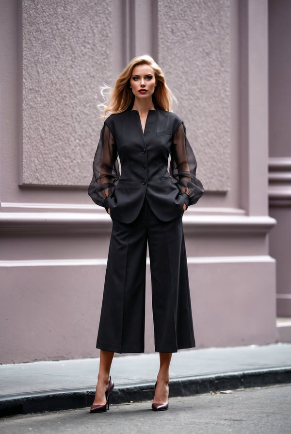 Giulia set : cotton & elastic Punto di Milano set with caped sleeves in black - SIMOVSKA