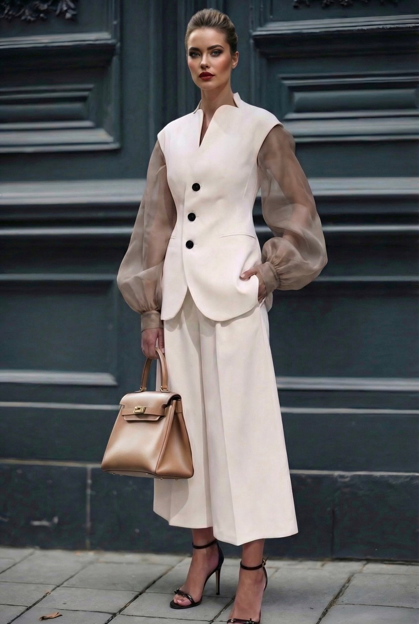 Giulia set : cotton & elastic Punto di Milano set with caped sleeves in off white - SIMOVSKA