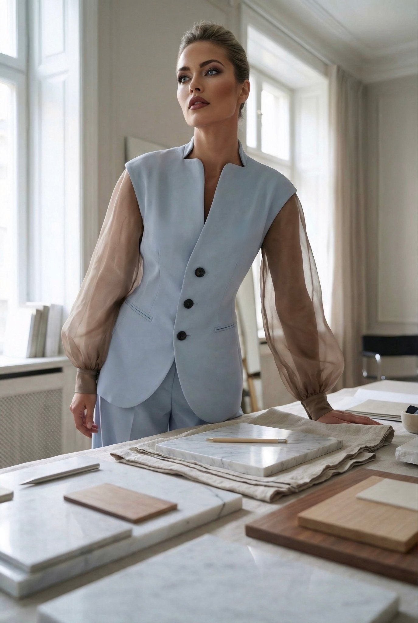 Giulia set : cotton & elastic Punto di Milano set with caped sleeves in powder blue - SIMOVSKA