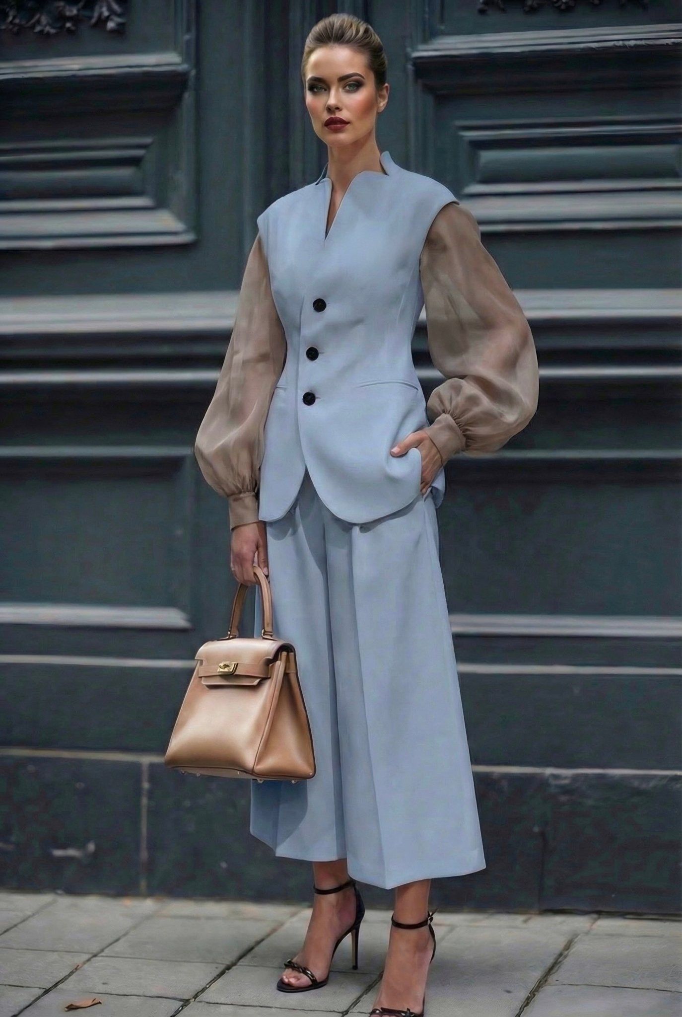 Giulia set : cotton & elastic Punto di Milano set with caped sleeves in powder blue - SIMOVSKA