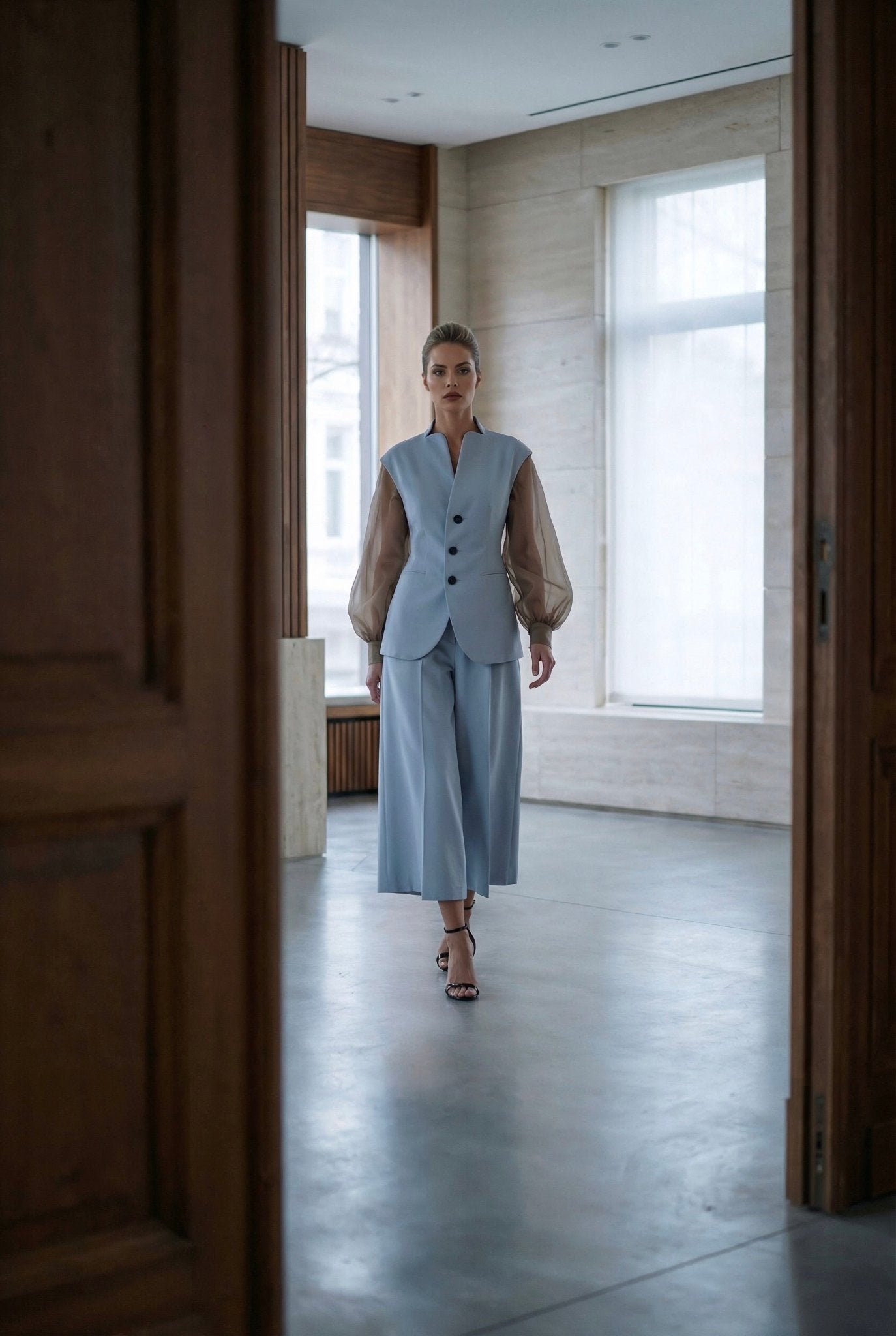 Giulia set : cotton & elastic Punto di Milano set with caped sleeves in powder blue - SIMOVSKA