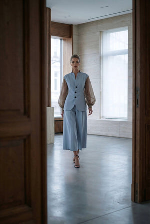 Giulia set : cotton & elastic Punto di Milano set with caped sleeves in powder blue - SIMOVSKA