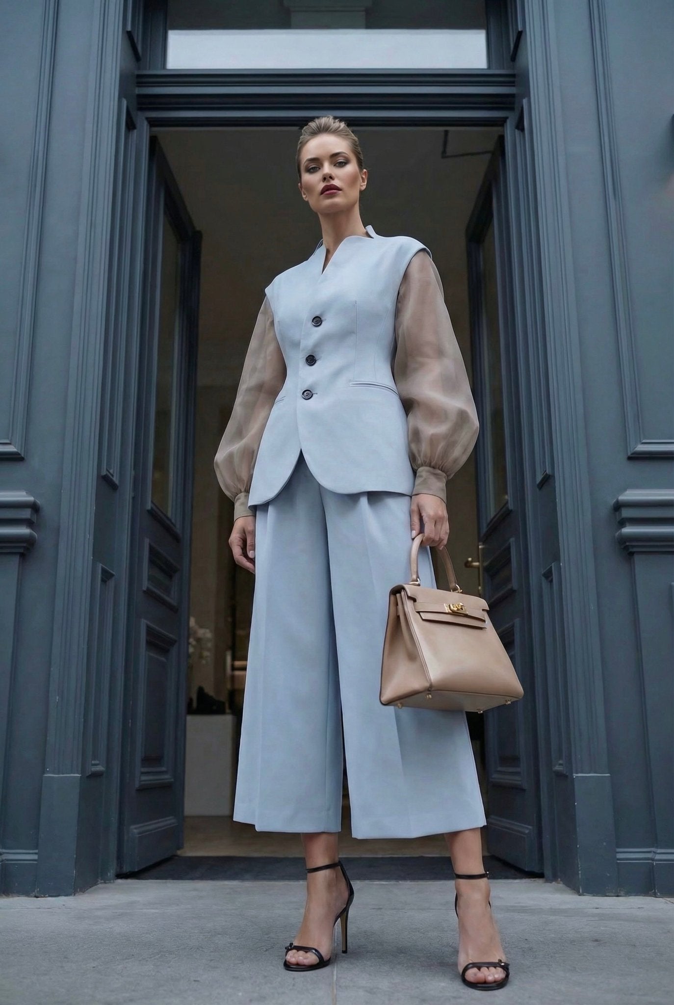Giulia set : cotton & elastic Punto di Milano set with caped sleeves in powder blue - SIMOVSKA