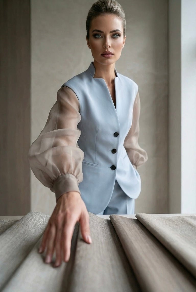 Giulia set : cotton & elastic Punto di Milano set with caped sleeves in powder blue - SIMOVSKA