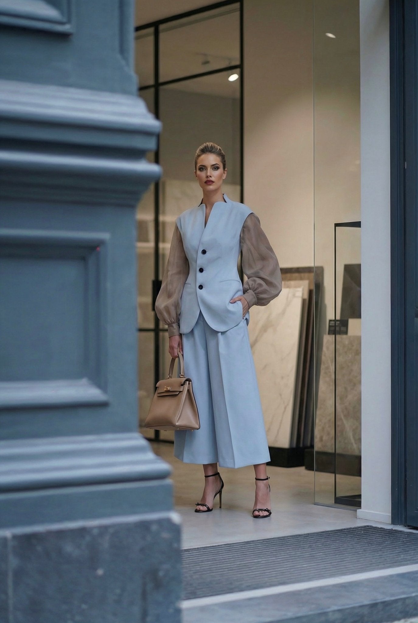 Giulia set : cotton & elastic Punto di Milano set with caped sleeves in powder blue - SIMOVSKA