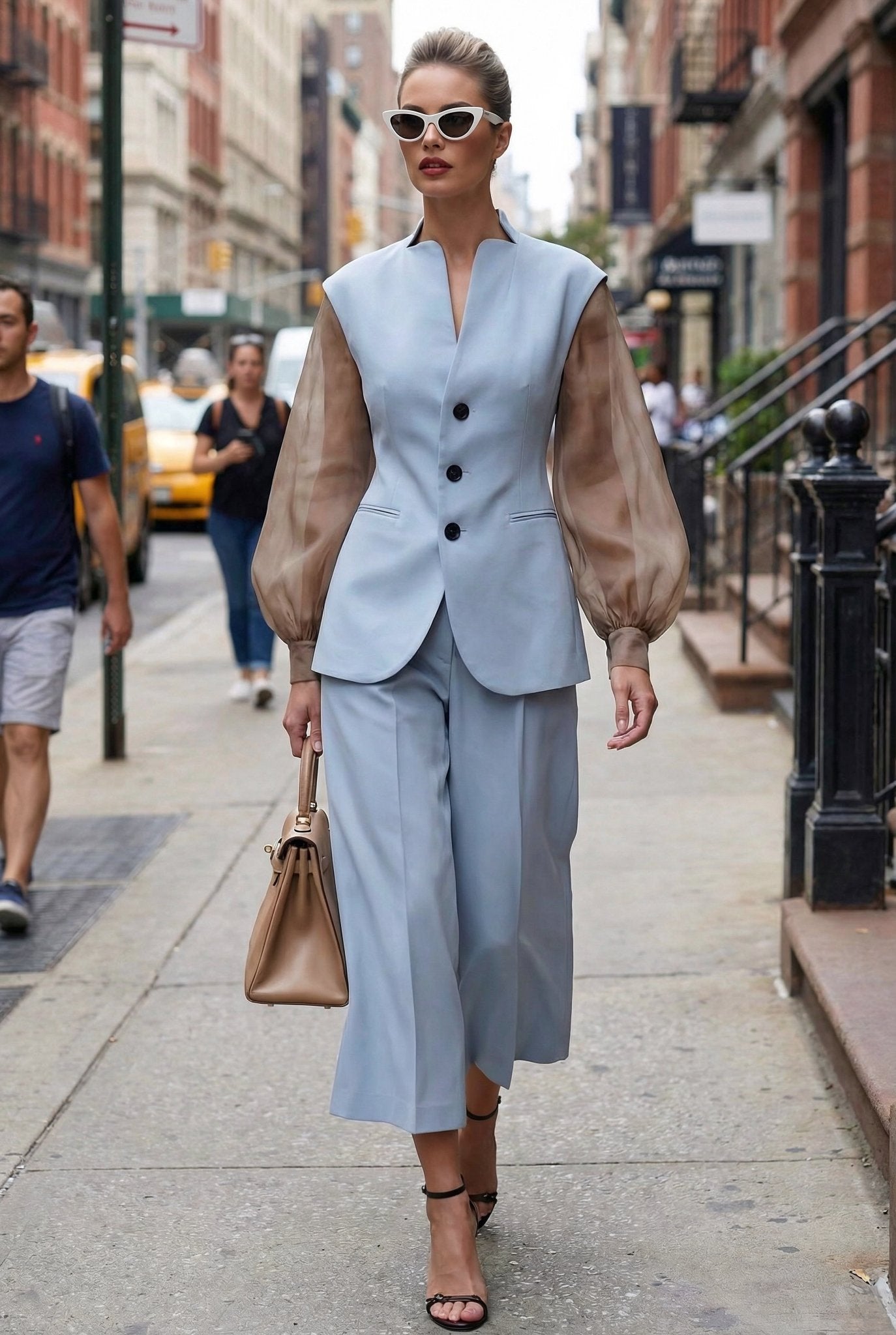 Giulia set : cotton & elastic Punto di Milano set with caped sleeves in powder blue - SIMOVSKA