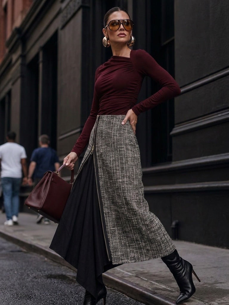 Milan Black and White Tweed Zip Midi Skirt