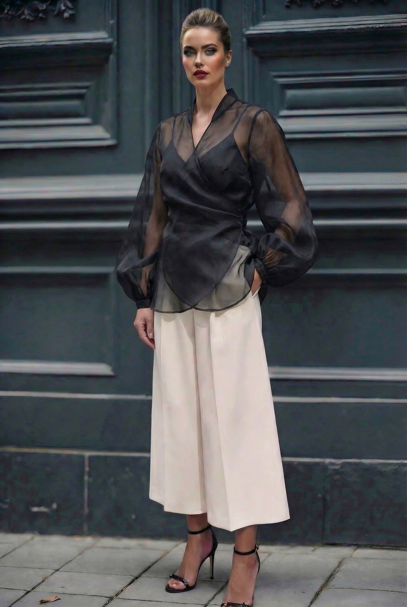 Isadora shirt : sheer organza wrap blouse in black - SIMOVSKA