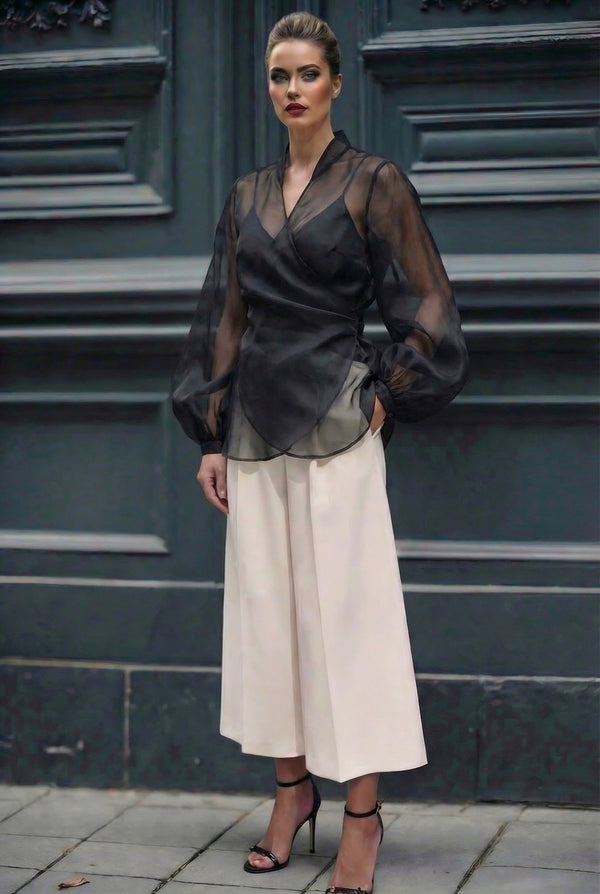 Isadora shirt : sheer organza wrap blouse in black - SIMOVSKA