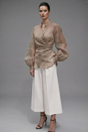 Isadora shirt : sheer organza wrap blouse in taupe - SIMOVSKA