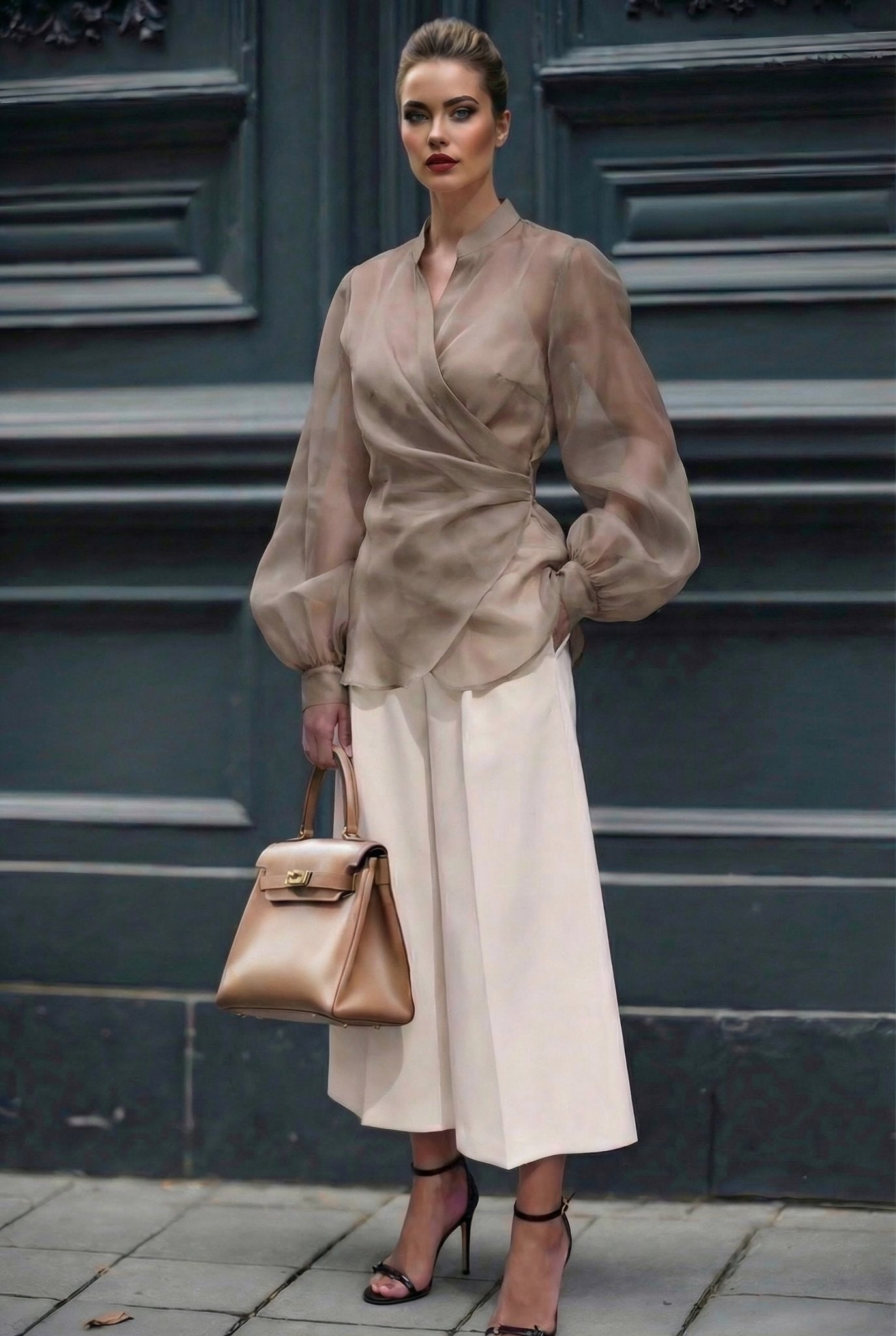 Isadora shirt : sheer organza wrap blouse in taupe - SIMOVSKA