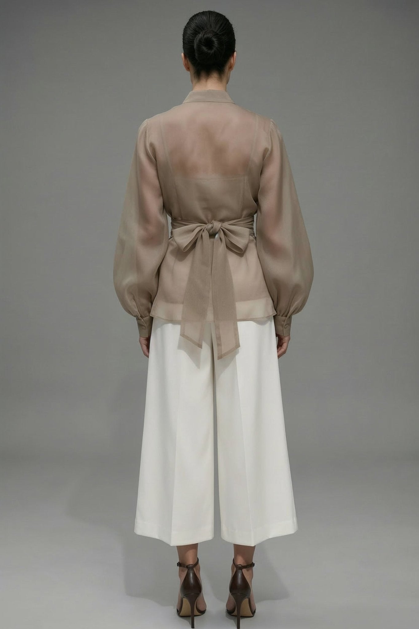 Isadora shirt : sheer organza wrap blouse in taupe - SIMOVSKA